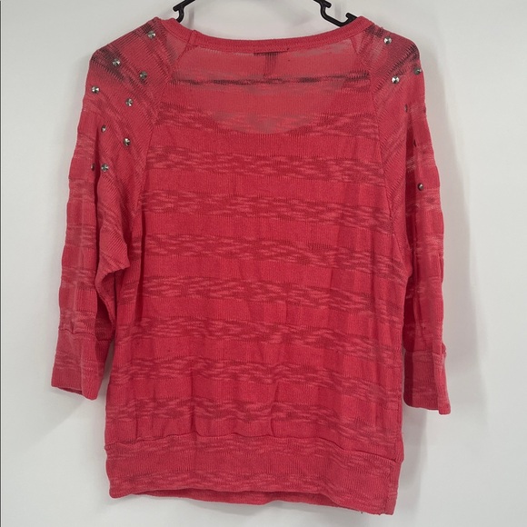 Coral Pink Knit Studded Scoop Neck 3/4 Sleeve Sweater - Picture 7 of 9